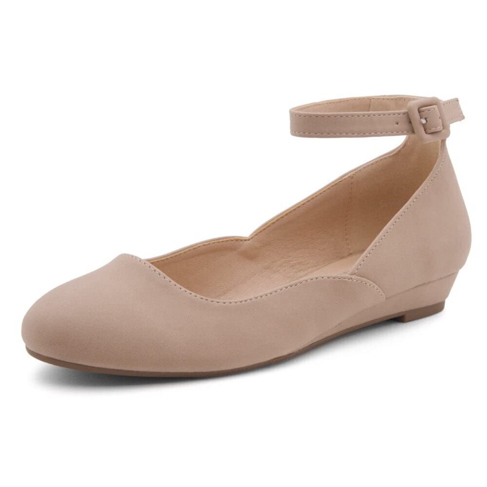 Women's Slip-On Ballet Flats with Low Wedge & Ankle Strap - Comfortable Dress
